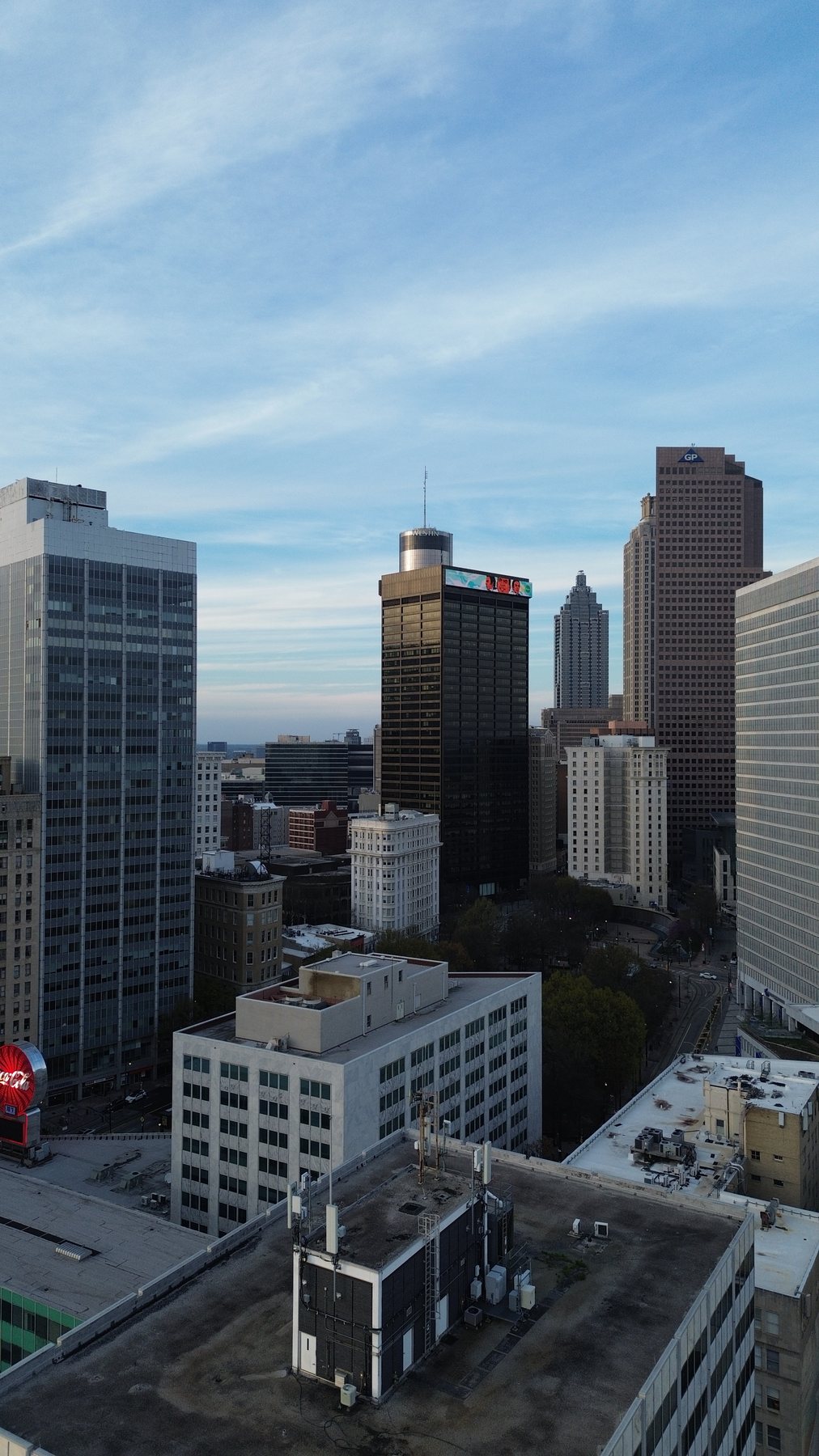 Aerial view of downtown Atlanta at dusk