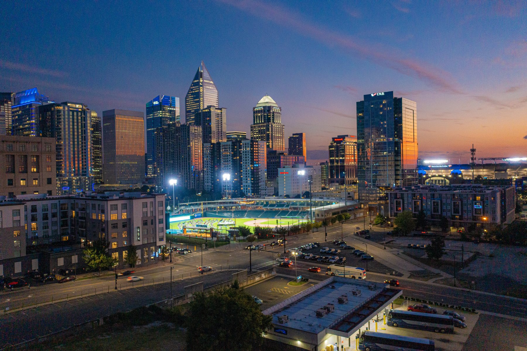 Aerial drone view of the Charlotte skyline at dusk