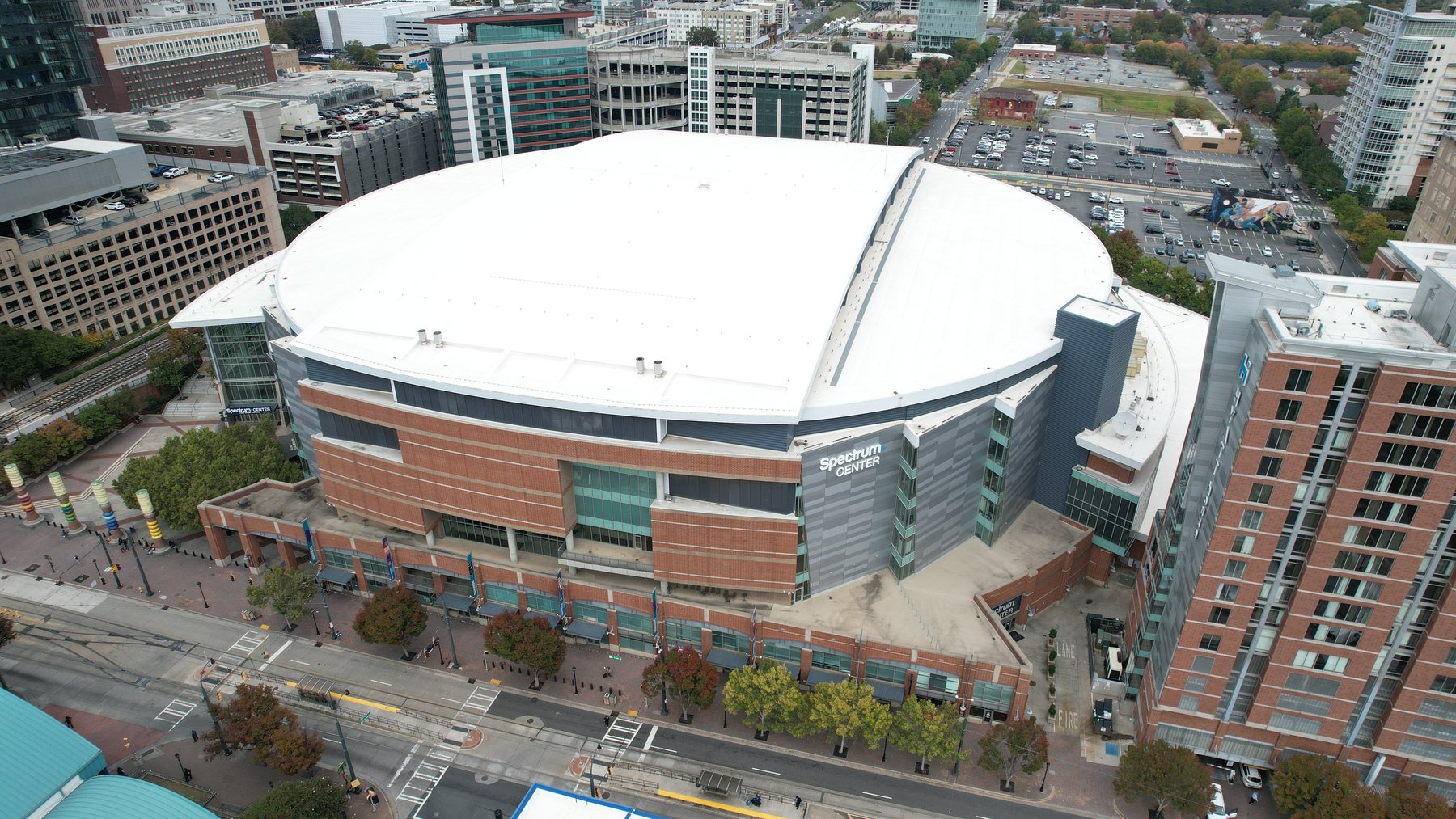 Aerial view of Spectrum Center arena in Uptown Charlotte