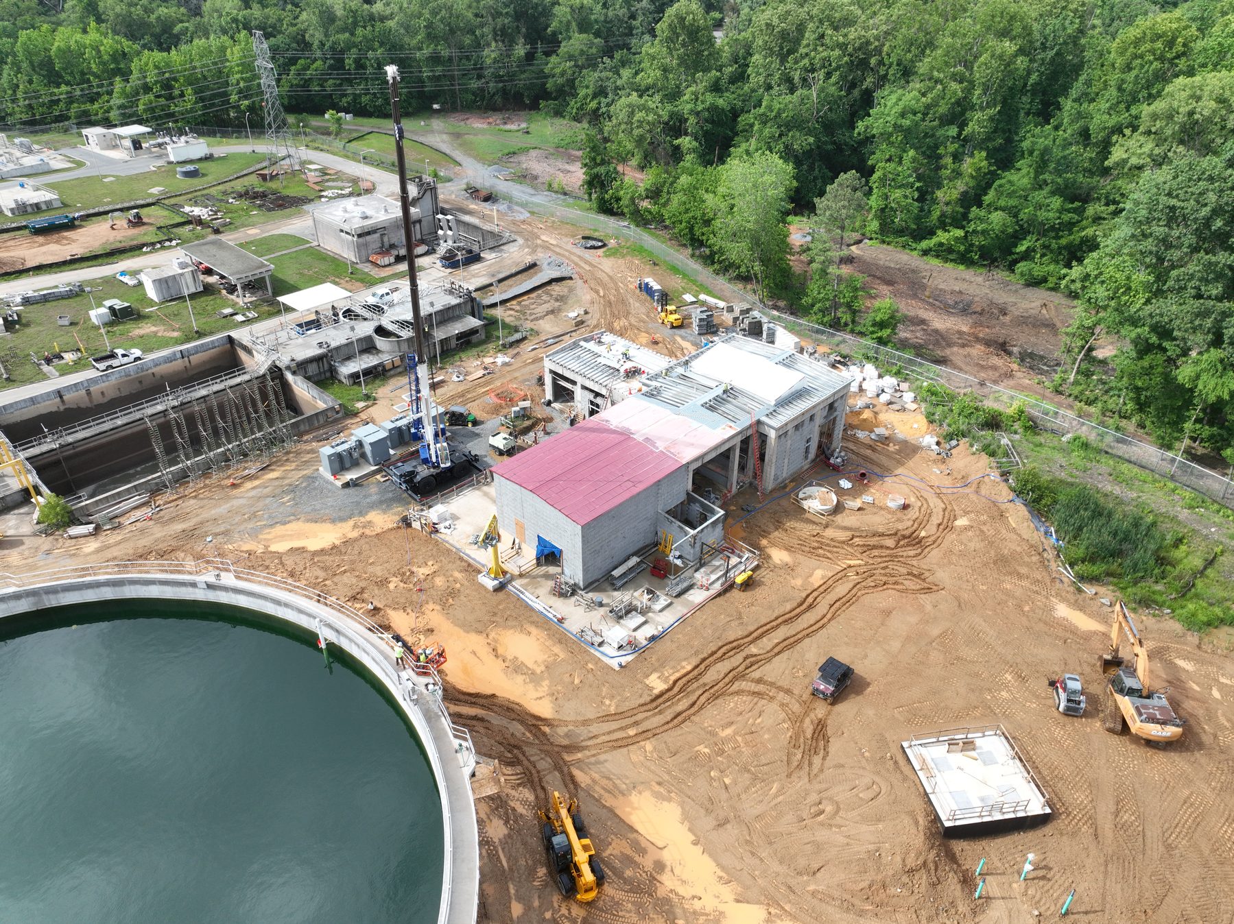 Aerial progress photo of a water treatment facility under construction
